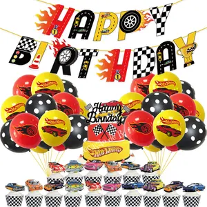 Juego <span class=keywords><strong>de</strong></span> coches <span class=keywords><strong>de</strong></span> carreras con ruedas calientes, cartel <span class=keywords><strong>de</strong></span> cumpleaños, globos amarillos, negros y rojos, coches, magdalenas - Product Image 1