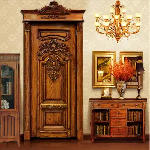 Desain pintu kayu padat mewah, desain interior kamar tidur pintu tunggal gaya ukiran retro Eropa dan Amerika kustom