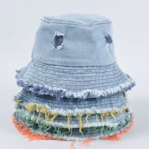 suppliers denim distressed ladies summer camp hat large men foldable sun cap vintage bucket hat custom logo