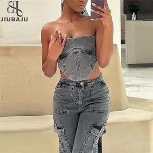 Sexy Strapless Corset Denim Crop Tops Women Vintage Backless Lace Up Slim Camisole Tank Tops 2023