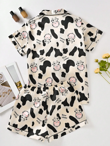 Vente en gros d'usine, ensemble de <span class=keywords><strong>pyjama</strong></span> pour femmes en tissu doux à motif vache, ensemble de <span class=keywords><strong>pyjama</strong></span> à manches courtes de 110 g avec poche poitrine - Product Image 2