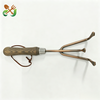 Râteau de jardinage manuel multifonctionnel en acier inoxydable à 3 dents pour usage industriel et agricole, outil de désherbage à main en bois