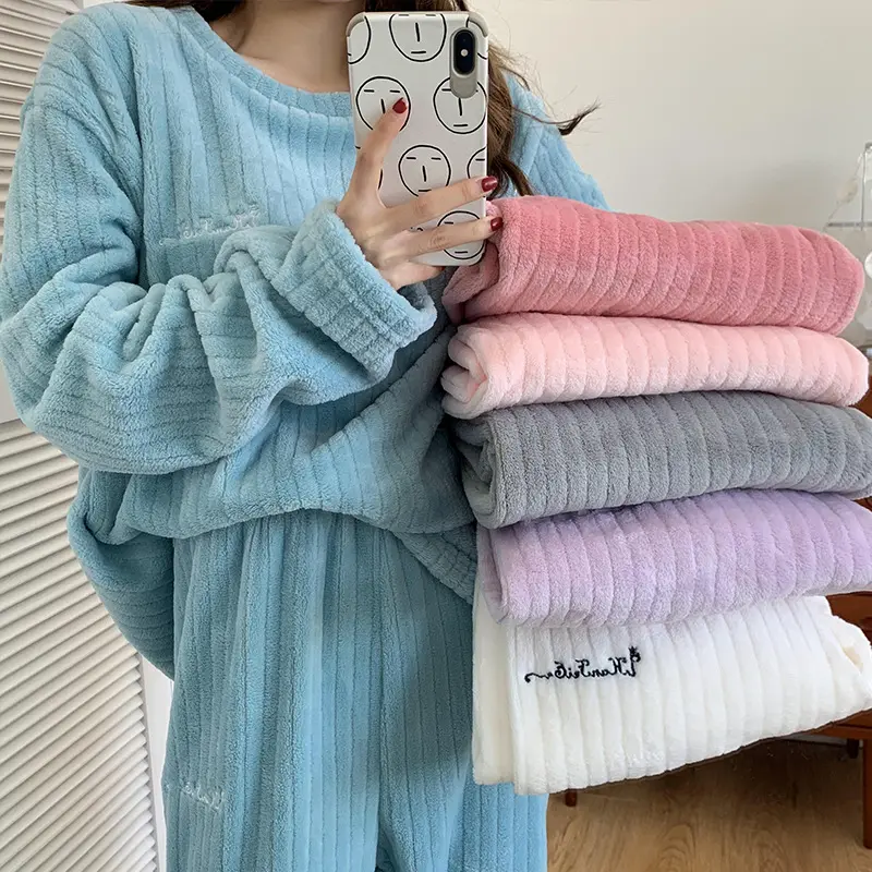 Sonbahar kış mercan Hoodie pijama uzun kollu ev giysileri kalınlaşmış kadın gece seksi pijama bayanlar peri sıcak takım elbise pantolon