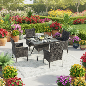 मईबल्स डी जर्डिन पैक्स 5 पीसी आधुनिक एल्यूमीनियम धातु बाहरी कुर्सी समशीड ग्लास टेबल रतन फर्नीचर गार्डन सेट - Product Image 1