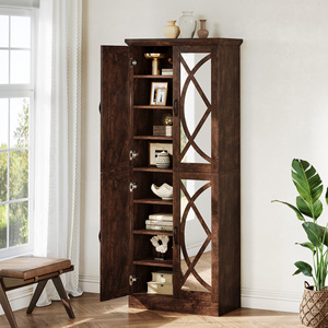 For Retro Solid Wood Living Room <strong>Cabinets</strong> <strong>Pantry</strong> <strong>Cabinet</strong> 4 Mirrored Doors Extendable Vintage Furniture - Product Image 2