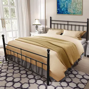 Vintage Metal Bed Frame Platform with Headboard and Footboard, Heavy Duty Steel Slat Support, Black Finish - Queen Size
