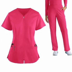 Blouses médicales pour femmes, couleur unie, col en V, manches courtes, polyester, uniformes d'hôpital pour le travail médical avec fermeture éclair avant et poches - Product Image 6