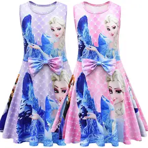 W & A Gaun & Rok Anak Perempuan, Pakaian Anak-anak Musim Panas 2020, Gaun Rempel Motif Kartun Frozen Elsa Anna