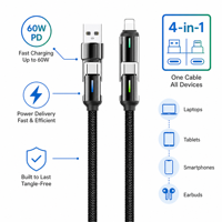 Cable de Carga Rápida PD de 60 W 4 en 1 con Luz LED, Cable de Datos Trenzado de Nailon Tipo C a Tipo C + L para iPhone 16 15 MacBook Samsung