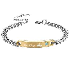 Pulseras <span class=keywords><strong>de</strong></span> Pareja <span class=keywords><strong>de</strong></span> Acero Inoxidable Zhongzhe con Letras 'Her King His Queen His Beauty Her Beast', <span class=keywords><strong>Corona</strong></span> <span class=keywords><strong>y</strong></span> Cristales - Product Image 3