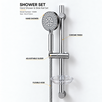 Ensemble de douche classique gris chromé poli avec pommeau de pluie, douchette à main, flexible de douche, rail réglable en hauteur, fixation murale sans perçage intégrée