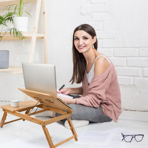 Bamboo <b>Folding</b> Laptop <b>Table</b> With Ventilation Slots And Drawer For Bed Or <b>Desk</b> Use - Product Image 3