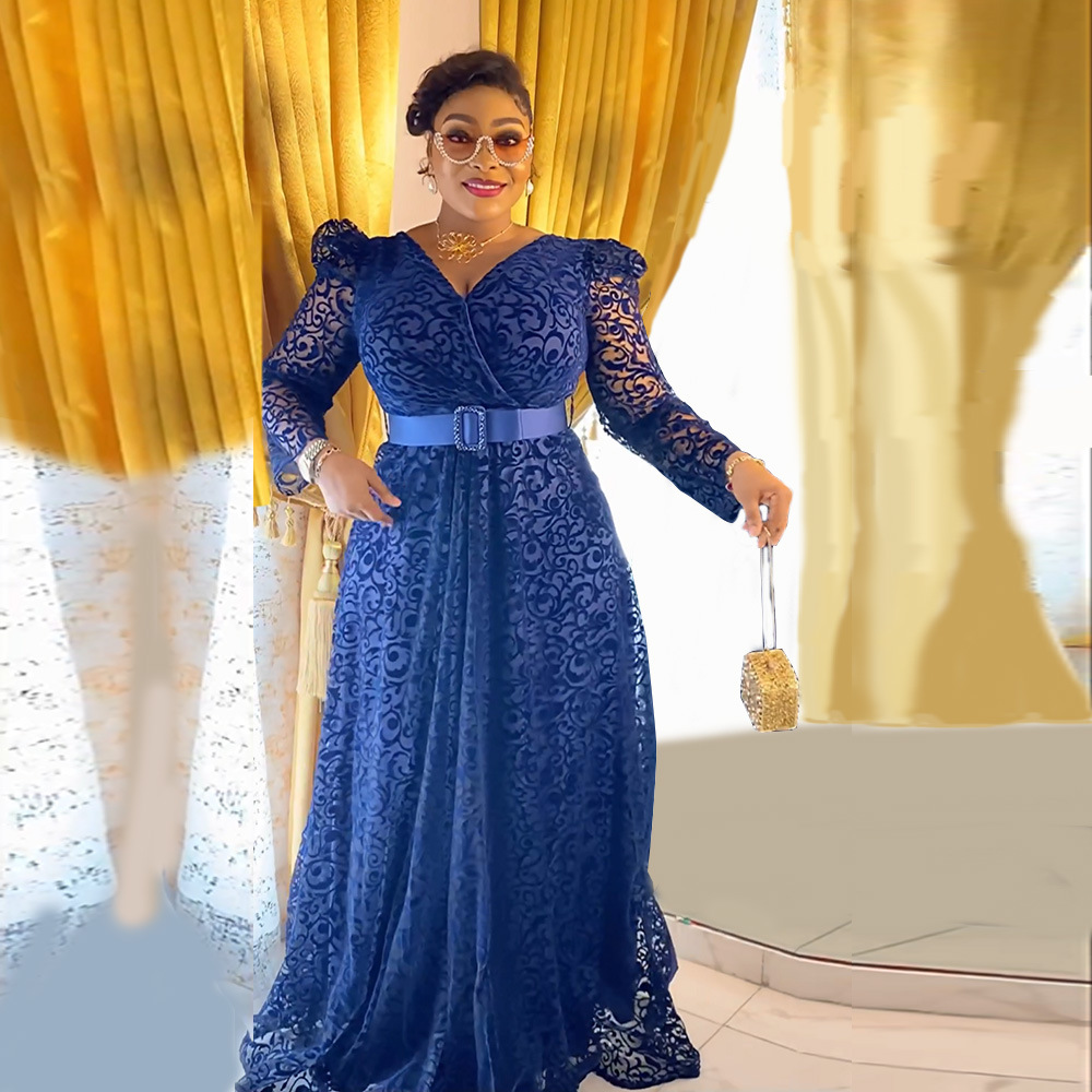 Long Sleeve African Matric Dresses African Lace Long-Sleeved V-Neck Dress  Women Party Gown Sequin