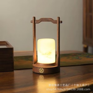 Retro Style Table Lamp Solid Wood Marble Cover <b>Touch</b> Control Rechargeable Portable Night <b>Light</b> For Bedside Sleep Breastfeeding - Product Image 1