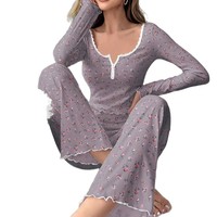 Setelan atasan dan celana modis untuk wanita, setelan atasan dan celana modis lengan panjang kerah V dalam motif mulus kustom untuk wanita