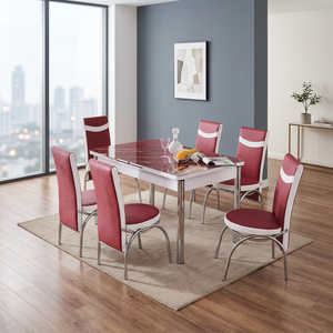 Modern 6-Piece <b>Dining</b> Room Set with Extendable <b>Foldable</b> Wood Frame Tempered Glass <b>Table</b> Red <b>Chairs</b> <b>for</b> Home Use - Product Image 2