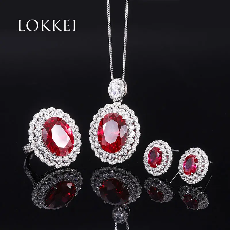Fine Designer Luxury Bridal 925 Silver Jewelry Sets for Women Bling Ruby Gemstone Necklace Earrings Ring