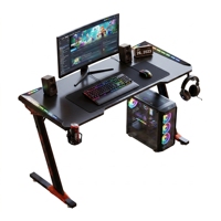 Meja Gaming Bentuk Z Permukaan Serat Karbon Rangka Logam Dengan Gantungan Headphone Dan Pencahayaan RGB Untuk Workstation Gamer