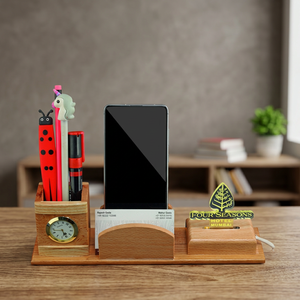 Custom Wooden <b>Phone</b> Charger <b>Stand</b> <b>Desk</b> Organizer with Pen Holder Clock USB Charging Slot Corporate Gift - Product Image 5