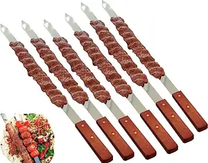 Stainless Steel Skewers Flat BBQ Skewers Grill Skewers BBQ Sticks Heavy Duty Large Wide Reusable With Wooden Handle