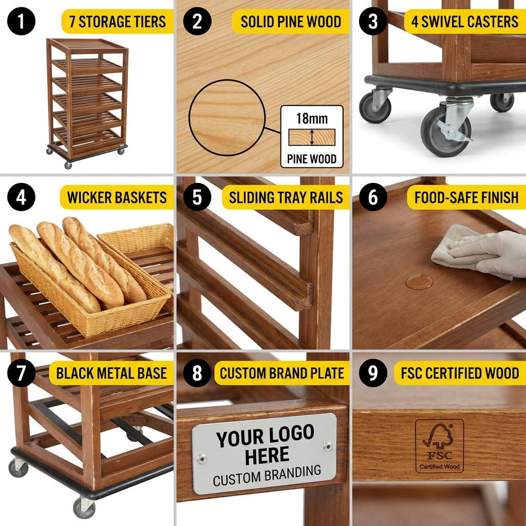 Custom 6-Tier Wooden Rolling Bakery Display Rack Bread Pastry Cart with Wicker Baskets 4 Swivel Casters for Bakery Cafe Hotel — view 5