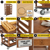 Chariot de présentation de pâtisseries en bois à 6 niveaux sur roulettes avec paniers en osier et 4 roulettes pivotantes pour boulangerie, café, hôtel