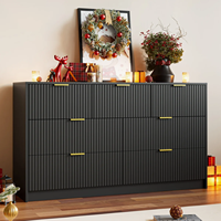 Commode moderne à 7 tiroirs noire avec panneaux cannelés, poignées dorées, grand meuble de rangement pour chambre et salon