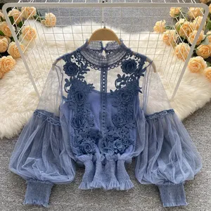 Mesh Lantern Sleeve Elegant Blouse Slim-Fit Crop Top Solid Color Women's Long Sleeve Top Fashion Lace Bottoming Shirt for Ladies