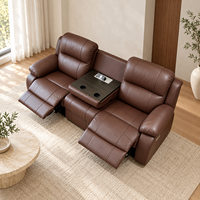 Canapé inclinable moderne en cuir marron 3 places avec structure en bois, inclinaison électrique, massage, table rabattable, télécommande