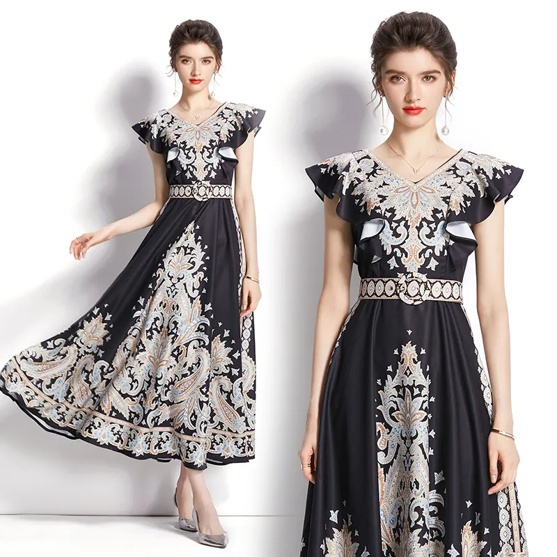 Vestido largo de lino con estampado Vintage para mujer, vestido de verano de estilo pasarela