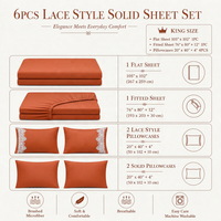 Parure de draps de luxe 6 pièces en dentelle, toucher doux, taille King, respirante, poches profondes, entretien facile, qualité hôtelière