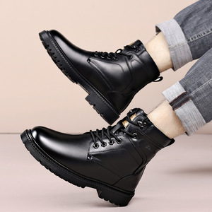 Men's <b>Black</b> Leather Winter Boots Mid-Calf Anti-Slip Rubber Sole <b>Low</b> <b>Heel</b> Snow Boots - Product Image 3