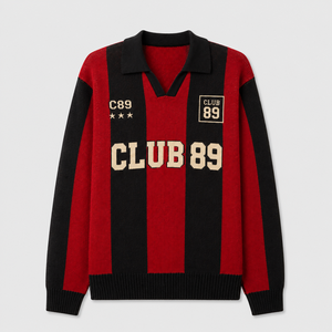 Pull en tricot rayé 100 % coton personnalisé pour homme avec logo frontal, nom et numéro d'équipe personnalisés, style maillot de football à col en V - Product Image 1