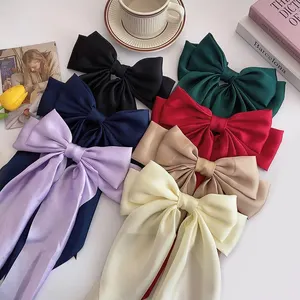 2024 Top Ranking Hair Accessories Silky Satin Spring Summer Solid Long Tail Bows Clip Hairpin
