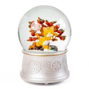 Personalizada 100 mm resina flor Base gato Animal figura árbol modelo Musical globo de nieve agua cristal globo de nieve para regalos de cumpleaños