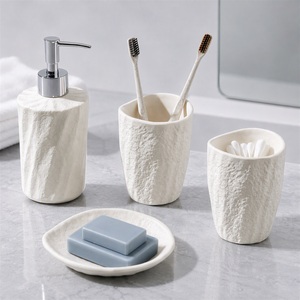 Juego de Accesorios de Baño CF Modern de 4 Piezas con Aspecto de Travertino, Dispensador de Jabón de Resina, Portacepillos de Dientes, Vaso, Jabonera, para Decoración del Hogar - Product Image 1