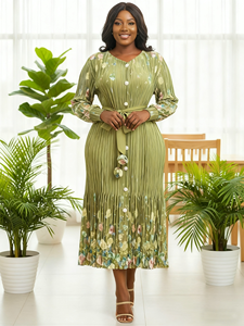 Ingrosso nuovo stile Miyake di alta qualità abiti da donna con stampa floreale con cintura elegante manica lunga abiti Casual da donna - Product Image 3