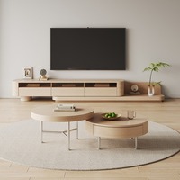 Ensemble Meuble TV et Table Basse en Bois Naturel de Luxe Moderne, Design Décalé, Bords Arrondis, Console Multimédia Japandi pour Salons