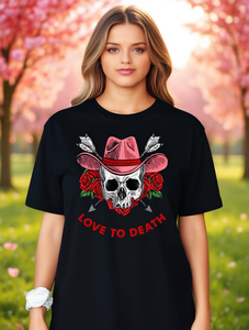 T-shirt con stampa Love To Death Skull da donna, casual, a maniche corte, girocollo, vestibilità regolare, 100% cotone, design floreale per tutte le stagioni - Product Image 2