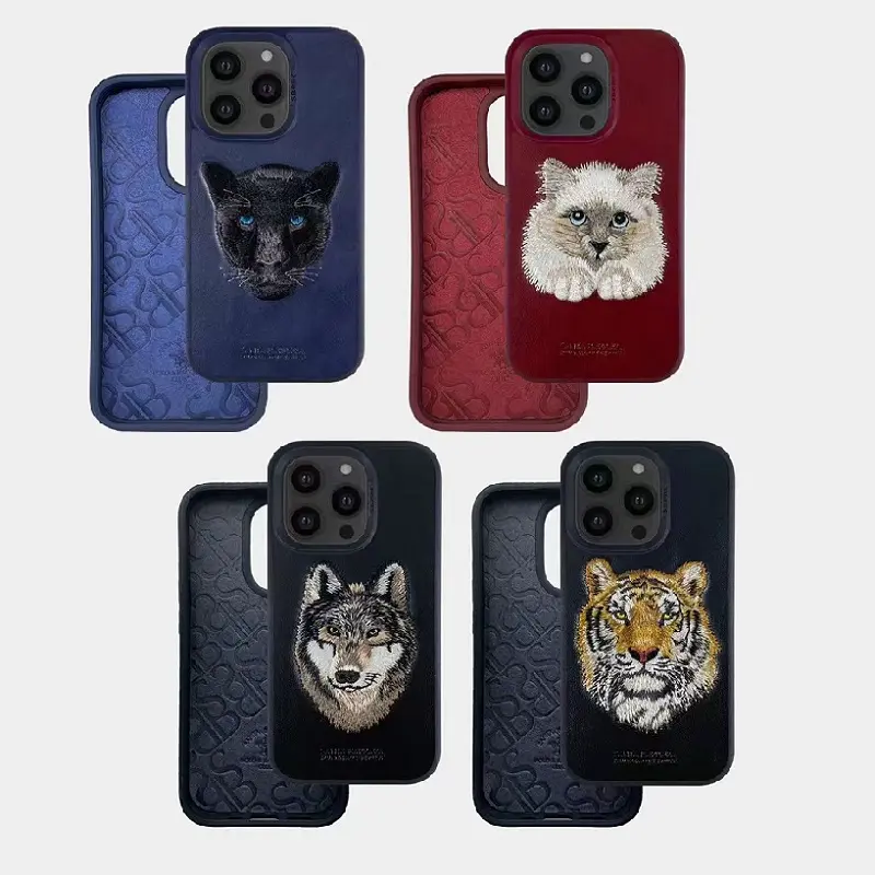 POLO Original Animal Embroidery Case For iPhone 12 13 14 Tiger Wolf Cat Back Embroidery Phone Case for Iphone 14 Pro Max