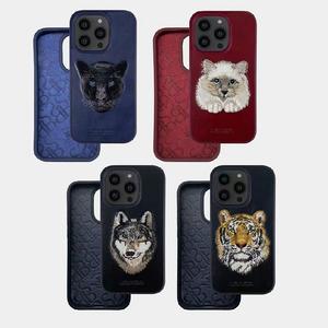 Custodia originale per POLO da ricamo per iPhone 12 13 14 14 Pro Max tigre lupo gatto Design posteriore borsa per <span class=keywords><strong>cellulare</strong></span> - Product Image 1