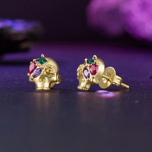 Boucles d'oreilles en forme de crâne doré avec cristaux colorés, style punk, pour fête, bijoux unisexes - Product Image 2
