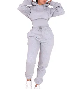 Conjunto Deportivo Informal de Dos Piezas para Mujer, Sudadera con Capucha y Pantalones Jogger, con Bolsillos, Estilo Crop - Product Image 1