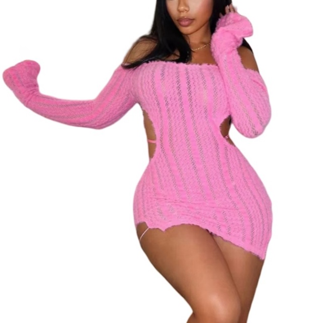 Custom Solid Backless Slash Neck Long Sleeve Off Shoulder Knit Party Club Outfits Ruched Slim Dress Women Mini Fuzzy Short Dress