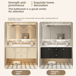 Meuble-lavabo mural élégant crème avec <span class=keywords><strong>miroir</strong></span> arrondi, vasque en céramique profonde et rangement - Product Image 3
