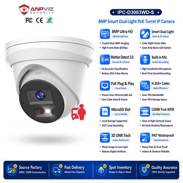 OEM 8MP IP Camera Poe Turret Outdoor Camera Dual-Light Color Night Vision Human/Vehicle Detection Poe Ip Camera