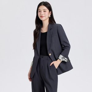 Women's Grey Blazer Solid Color Polyester Anti-Wrinkle Casual Suit Jacket Spring Autumn 2025 Splicing Design - Product Image 1