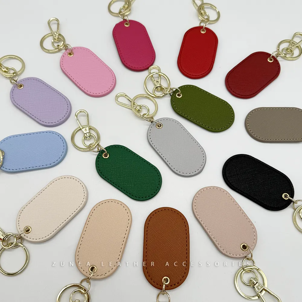 Quà Tặng Saffiano Da Keyring cá nhân PU hình dạng hình bầu dục Vegan da Keychain nhiệm vụ nặng nề kim loại vàng phần cứng tùy chỉnh móc chìa khóa