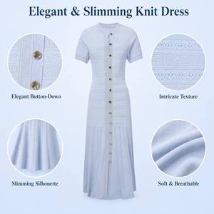 Abito lungo da <span class=keywords><strong>donna</strong></span> elegante in maglia traforata stile francese, linea ad A, vita naturale, girocollo, manica corta, Collezione Primavera Estate 2026 - Product Image 2