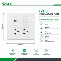 Plaque murale triple module carrée Kolani 120, prise universelle 6 trous TV/CATV/téléphone 16A 250V 4 sorties, panneau PC blanc brillant